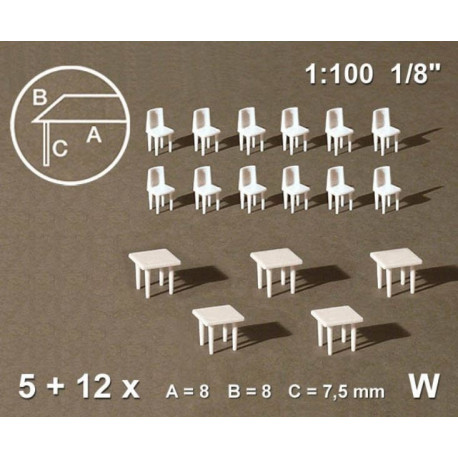 Tables carrées + 12 chaises blanches / Sqaure tables + 12 chairs, white 1/100